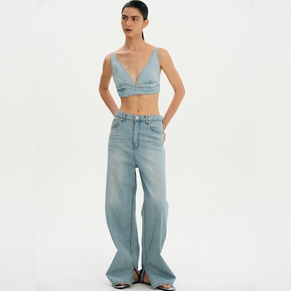 NEW Source Unknown Blogger Favorite Wide Slit Jeans + Top in Soft Blue - Picture 6 of 17